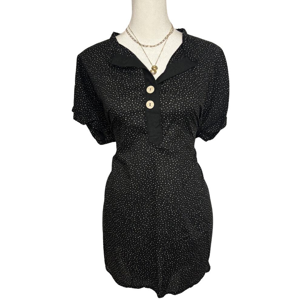 Vintage 90s Black Polka Dot Button Top Oversized Boxy Blouse circa 1990s